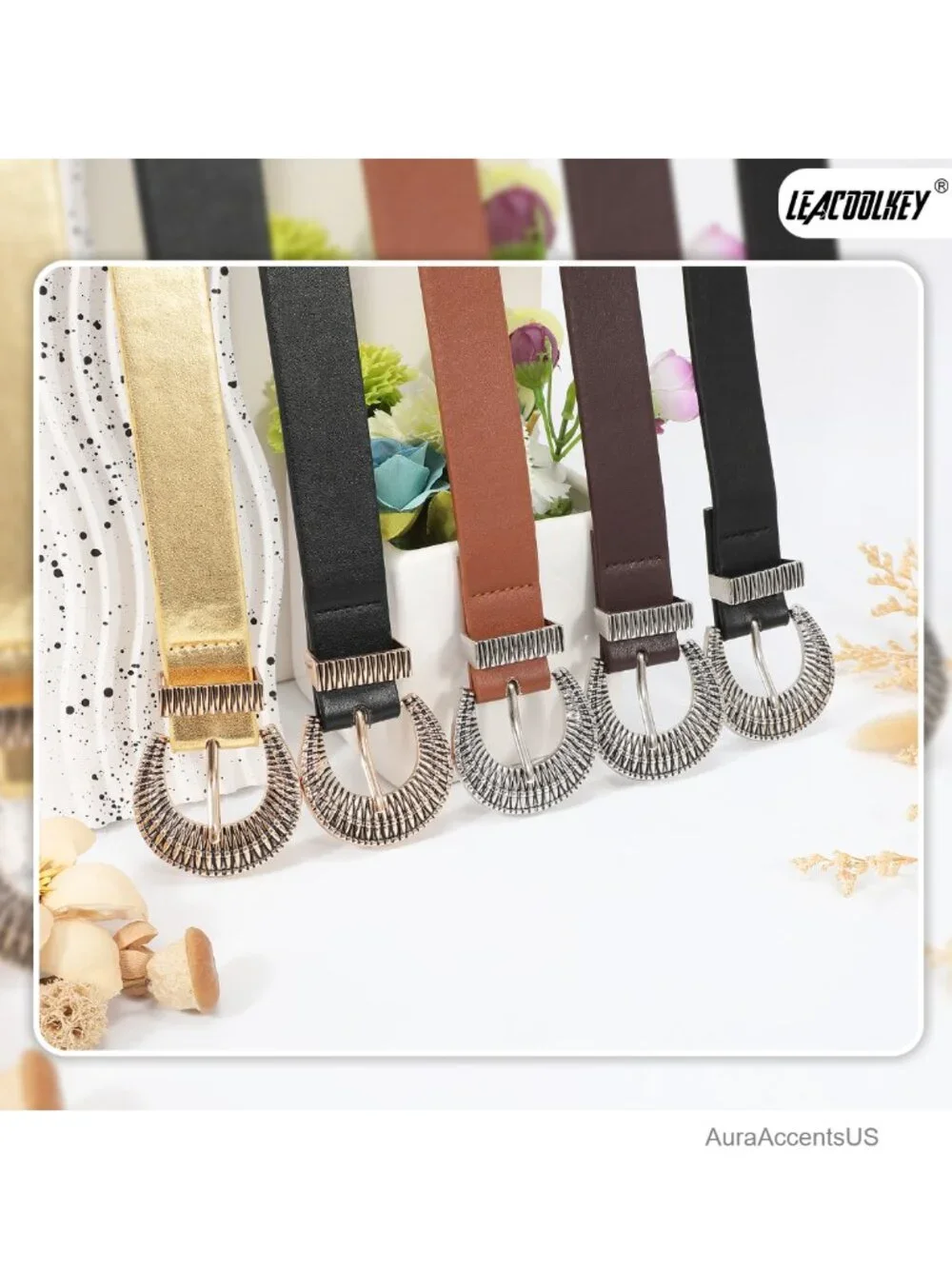 Vintage Western Faux Leather Belt with Metal Buckle for Women - Adjustable
